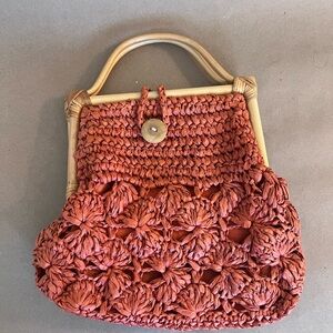 Orange Crochet Raffia Bamboo Handle Button Closure Summer Beach Lined Tote Bag